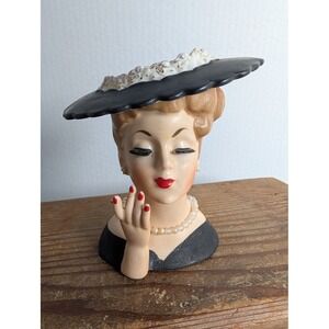 Vintage 1958 Napco Lady Head Vase C3343A Planter Hat Pearl Necklace Figurine